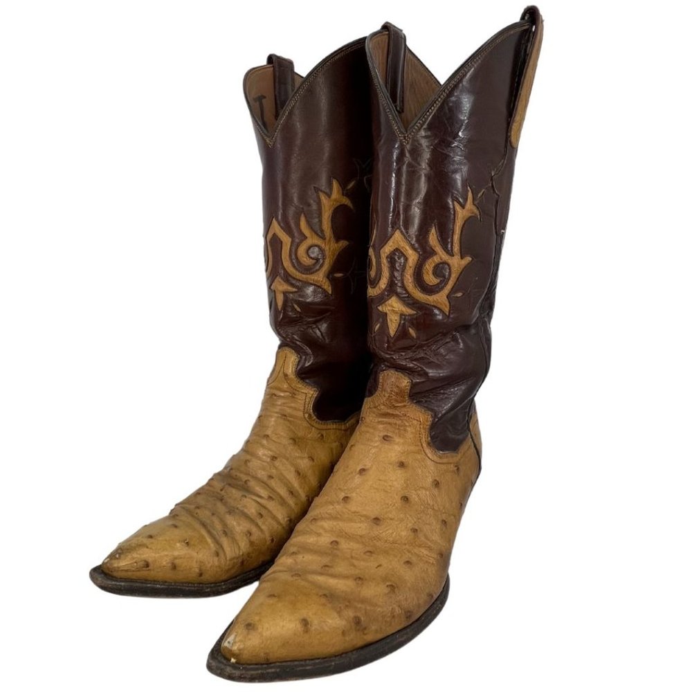Sterling Brown and Tan Two-Tone Ostrich Leather Pointed Toe Cowboy Boots